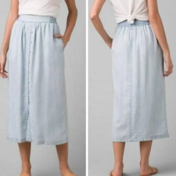 PRANA Swift Lake Button Front Midi Chambray Skirt - Picture 1 of 7